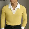 INCERUN Autumn Men Lace Lapel V Neck Long Sleeve Rib Stitching Casual Pullover Tops