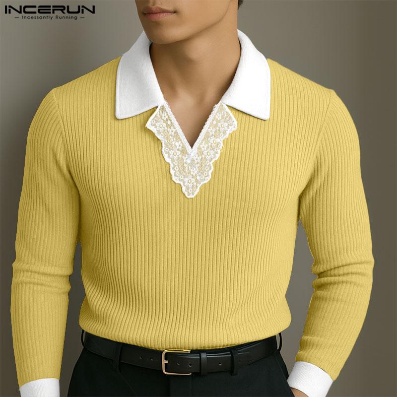 INCERUN Herbst Herren Spitze Revers V-Ausschnitt Langarm Rippstrick Casual Pullover Tops