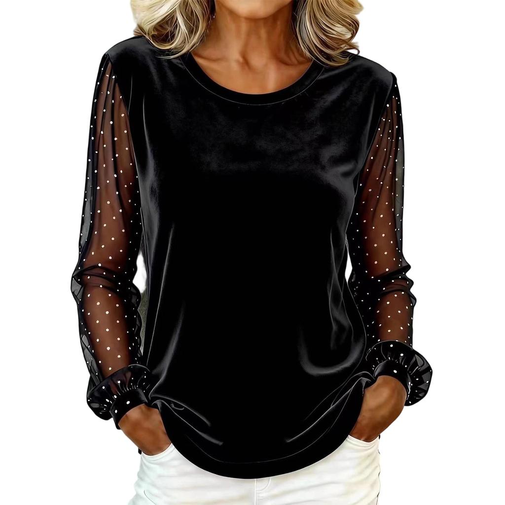 Dámské Módní a Ležérní Kulatý Výstřih Síťovina Zlatý Samet Patchwork Dlouhý Rukáv Tričko Top
