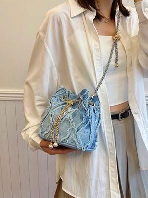 Fashion Solid Color Plaid Vintage Denim Crossbody Bag Pull Rope Open and Close, Suitable for Women's Daily Travel-ll