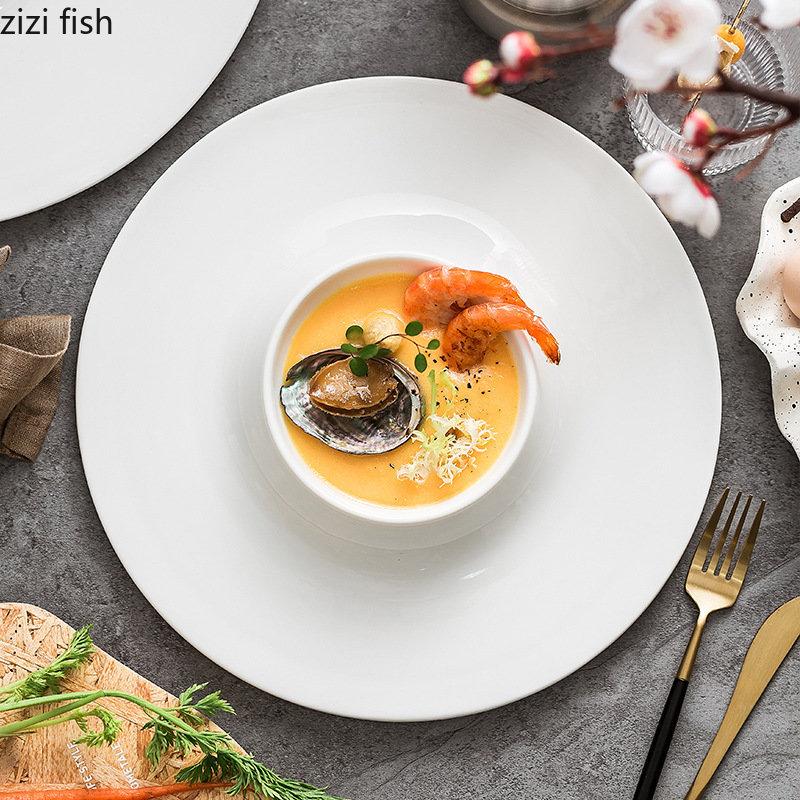 Keramik-Essteller, Restaurant, reinweiß, Dessertteller, dicker Suppenteller, Pastateller, Snackteller, rundes Haushaltsgeschirr