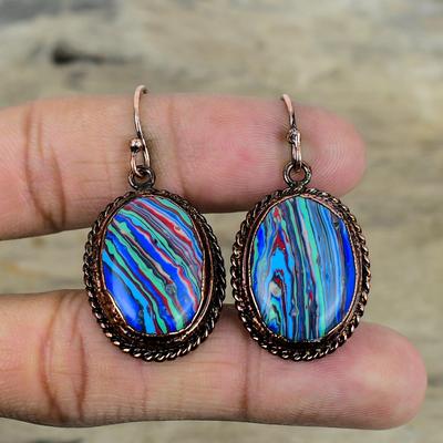 Rainbow Calsilica Earring Electroformed Copper Gemstone Earrings Handmade Earring Copper Jewelry Elegant Earring Drop Earring Gifts For Her