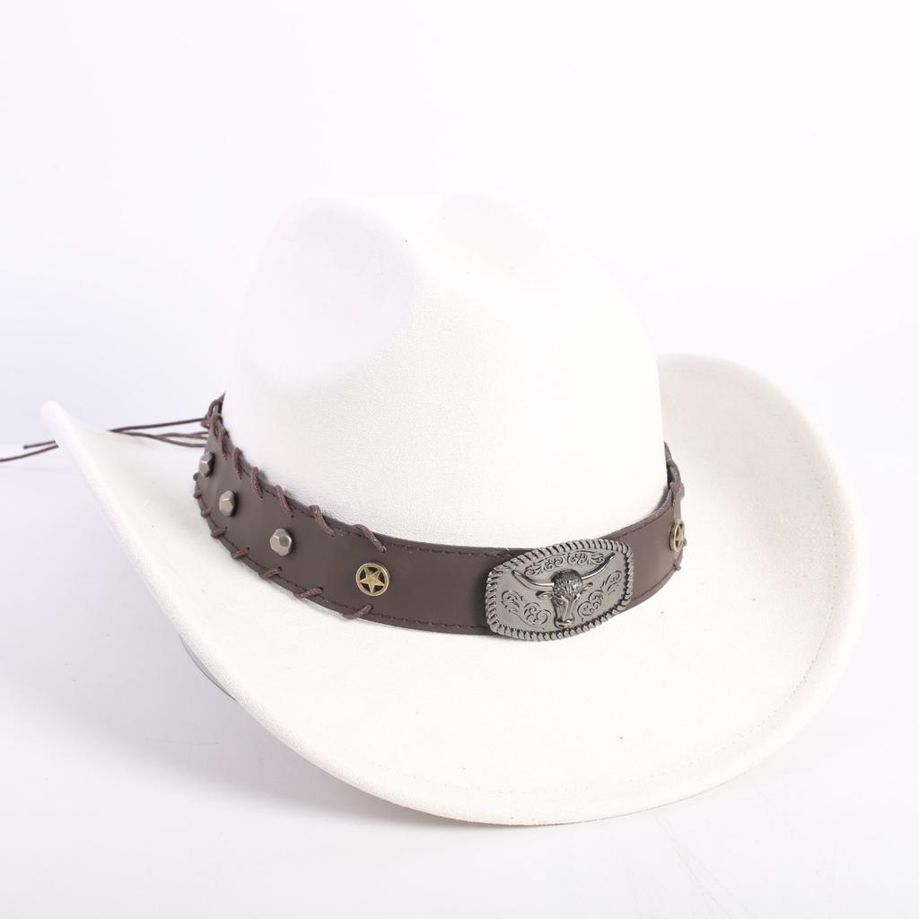New western cowboy hat men's and women's wide-brimmed top hat bull head rivet belt buckle sun hat