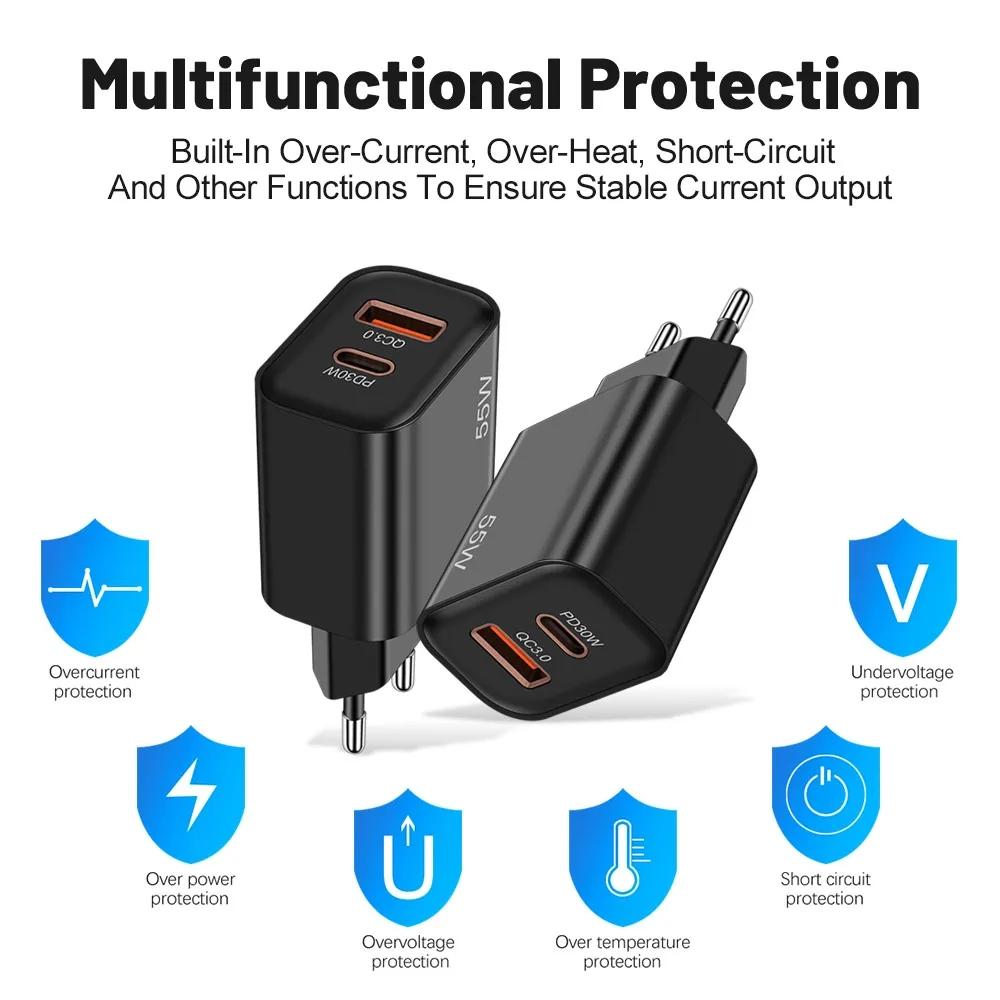 55W USB + USB-C QC3.0 Fast Charging PD Charger for iPhone 15 Plus 14 Pro Max Samsung  Xiaomi Realme Universal Wall Charger