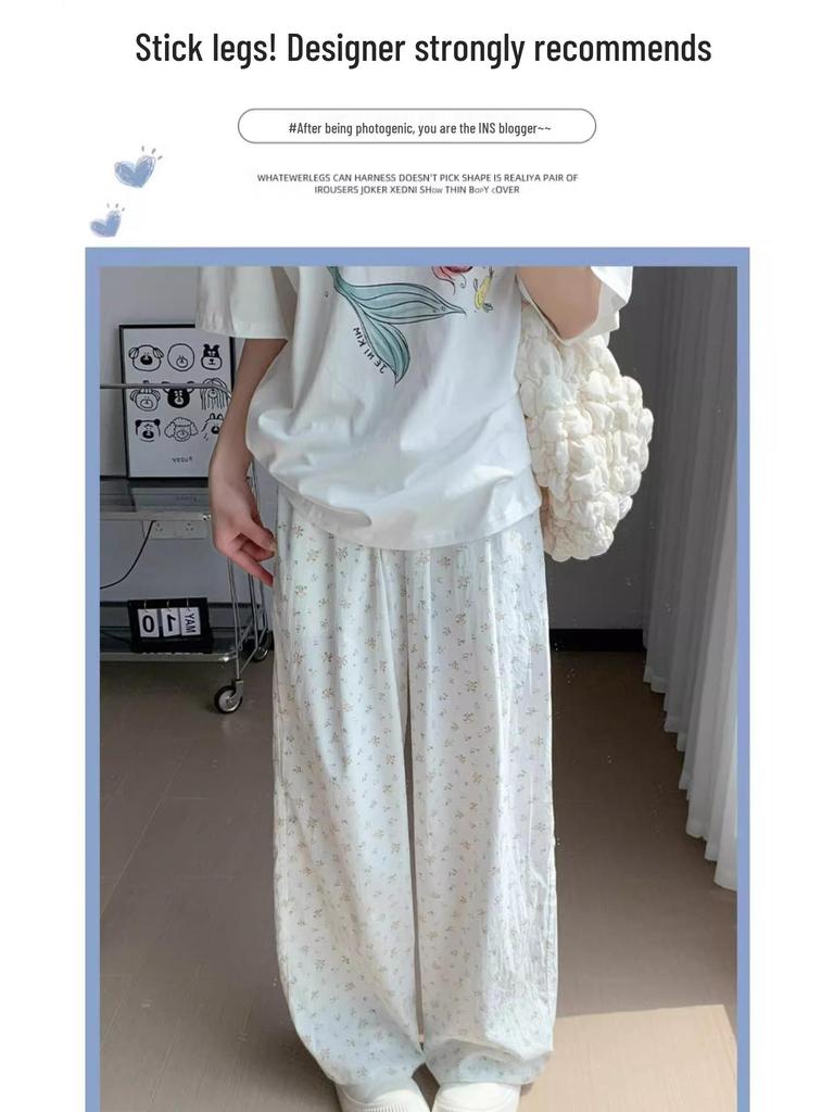 High Waist Floral Ice Silk Women's Summer Wide-Leg Pants, 145-150 Petite