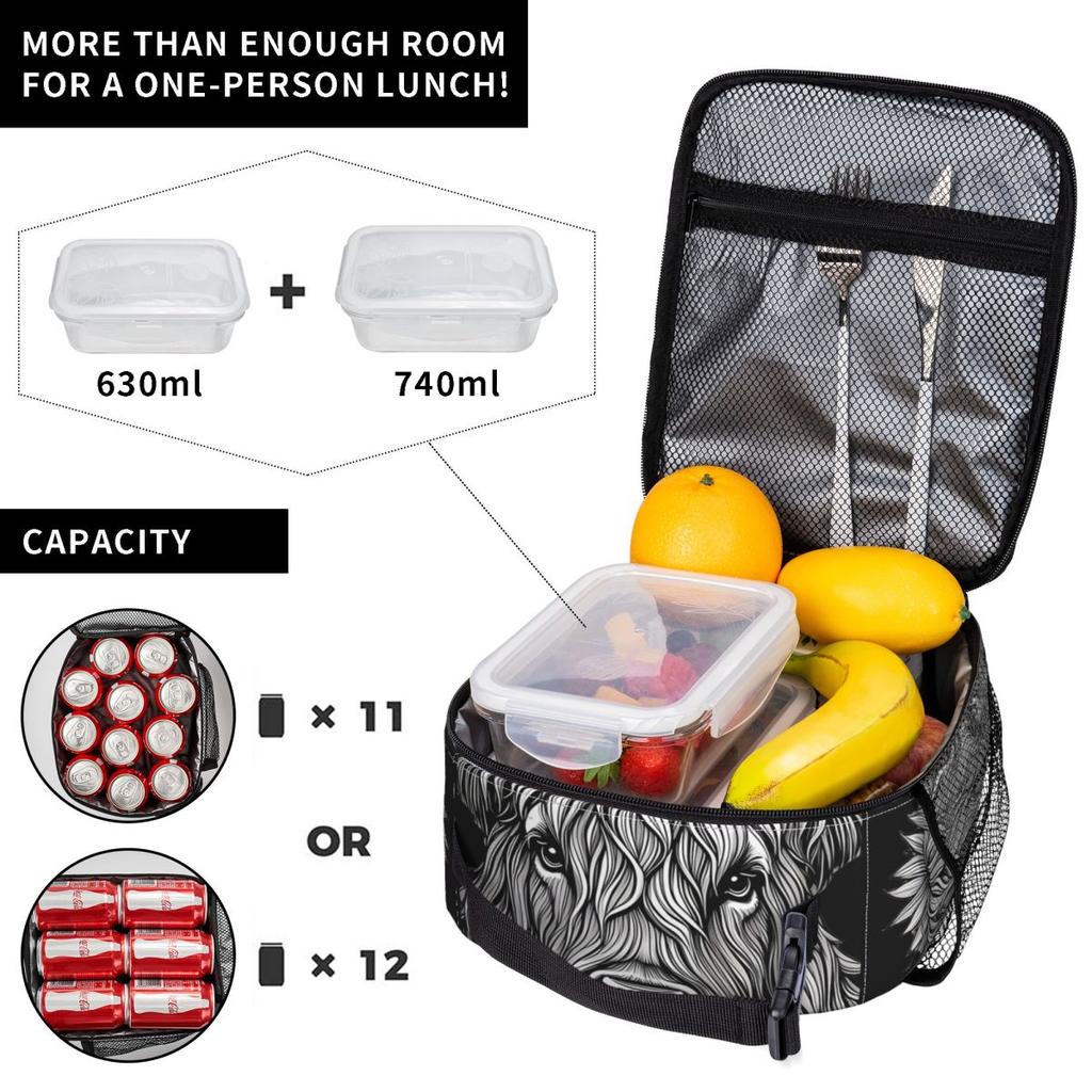 Graue Hochland-Yak-Muster-Isolierte Lunchtasche für Damen Kinder Tragbare Lebensmittelboxen Thermische Lunchbox Tragetasche
