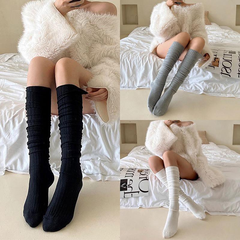 1Pair Women Knitted Long Socks Boot Solid Thigh Stocking Skinny Casual Cotton Over Knee-High Fashion Ins Female Long Knee Sock