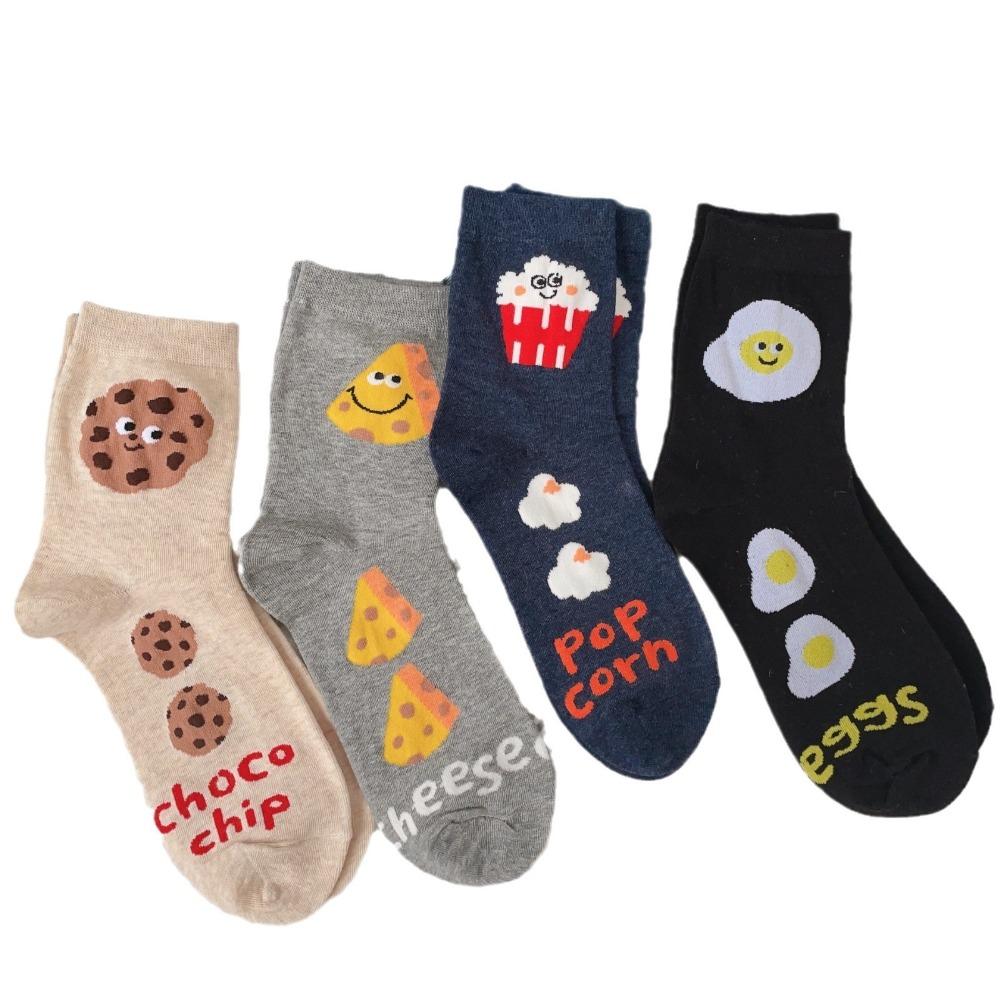4Pairs Cotton Cartoon Short Socks Cheese Mid-calf Socks Comfortable Women's Stockings Female