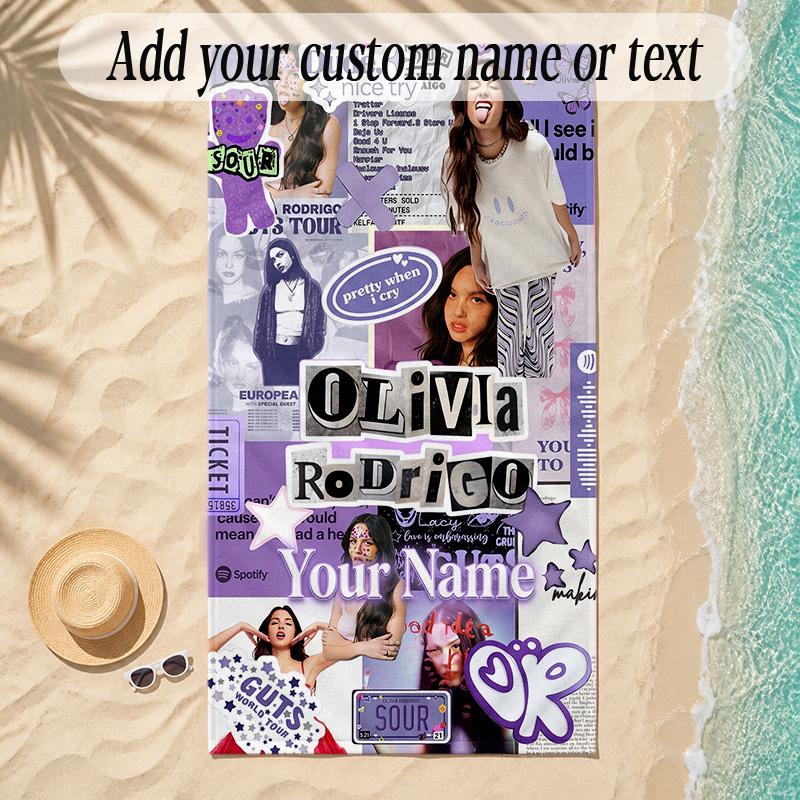 Beach TowelOlivia Rodrigo Custom Name Text Personalized Soft Towel for Beach Pool Indoor Home Decor Gift