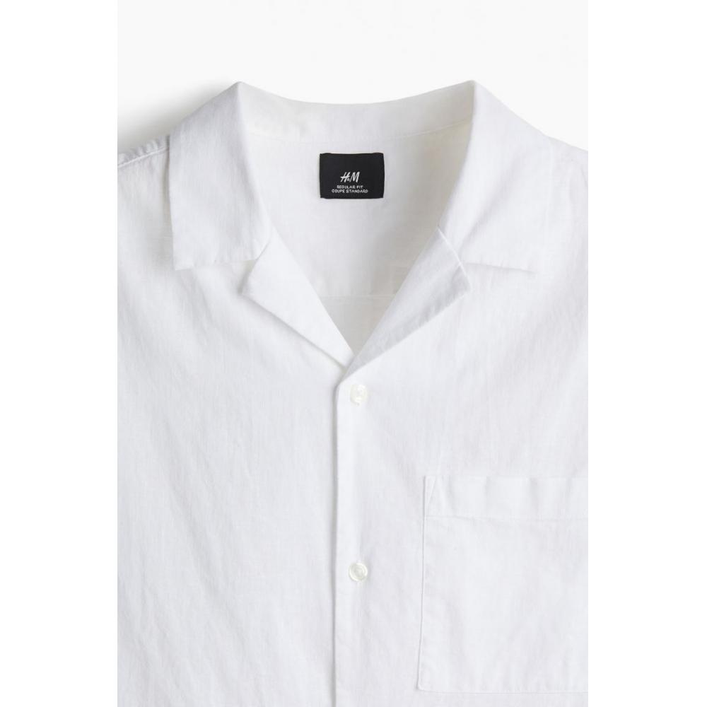 H M Regular Fit sHort Sleeve Linen Blend sHirt wHite