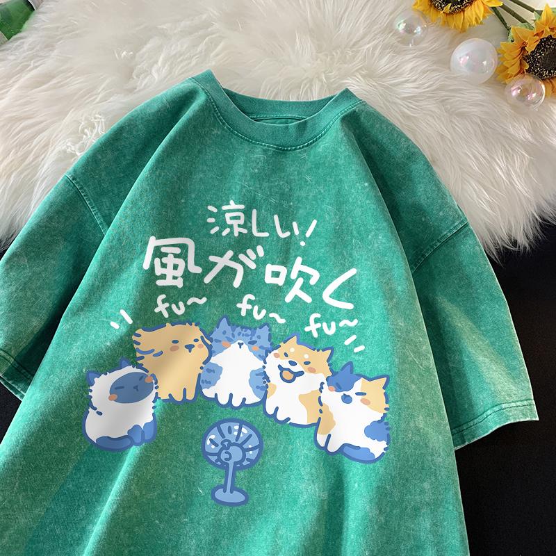 Cool Breeze Summer Loose Short Sleeved T-shirt Men Women Boys Cats Dogs Summer Cartoon Cotton Fun Vintage Water Washing Tees