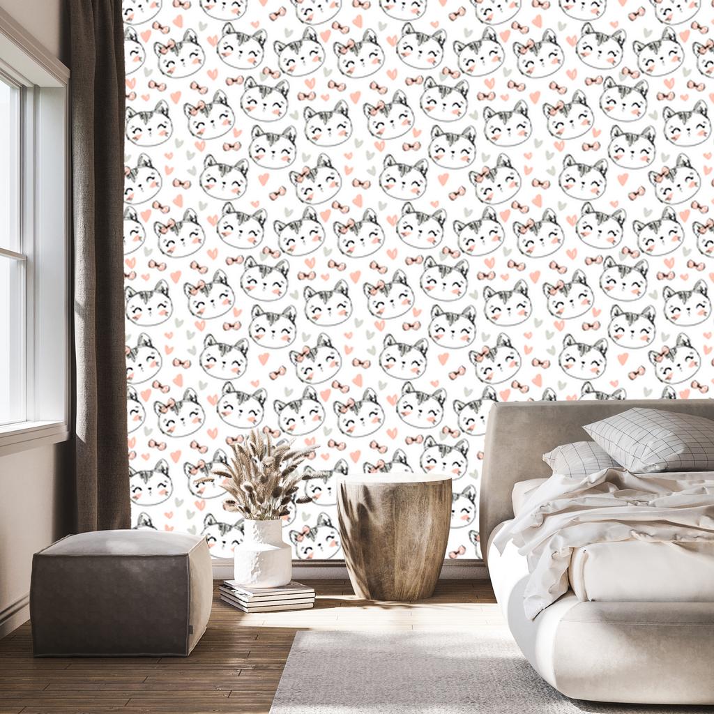 Kittens and Hearts Wallpaper for Living Room and Bedroom 50x1000