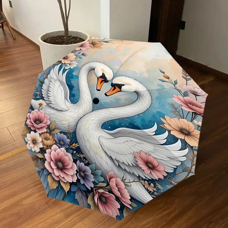 1pc Swans Flowers Automatic Open/Close Umbrella Compact Folding Umbrella with 8-Rib Shaft for Women/Men, Elegant Birthday1134S