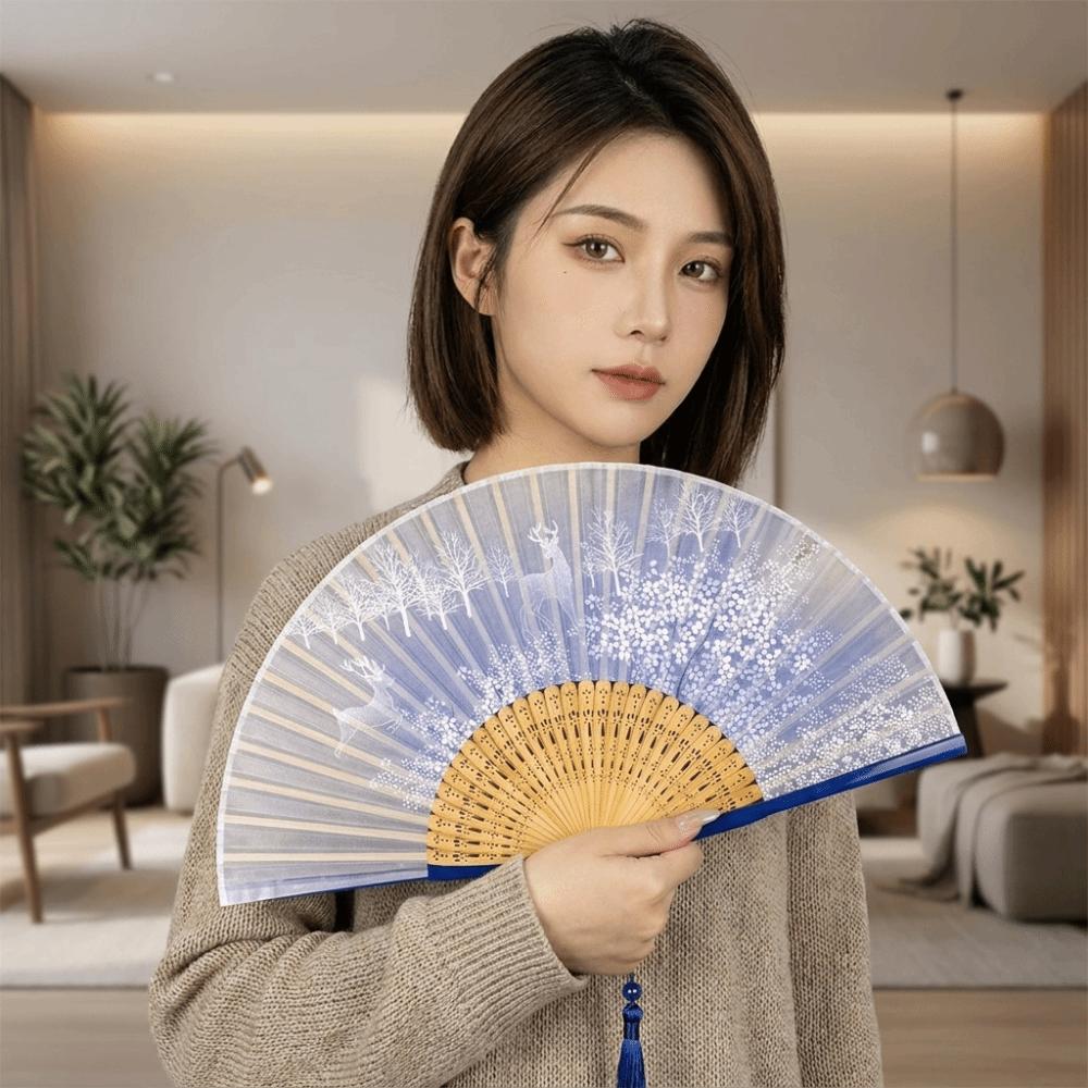Chinese Ancient Style Portable Folding Fan Classical Wooden Handle Dancing Fan with Tassels Traditional Decorative Fan