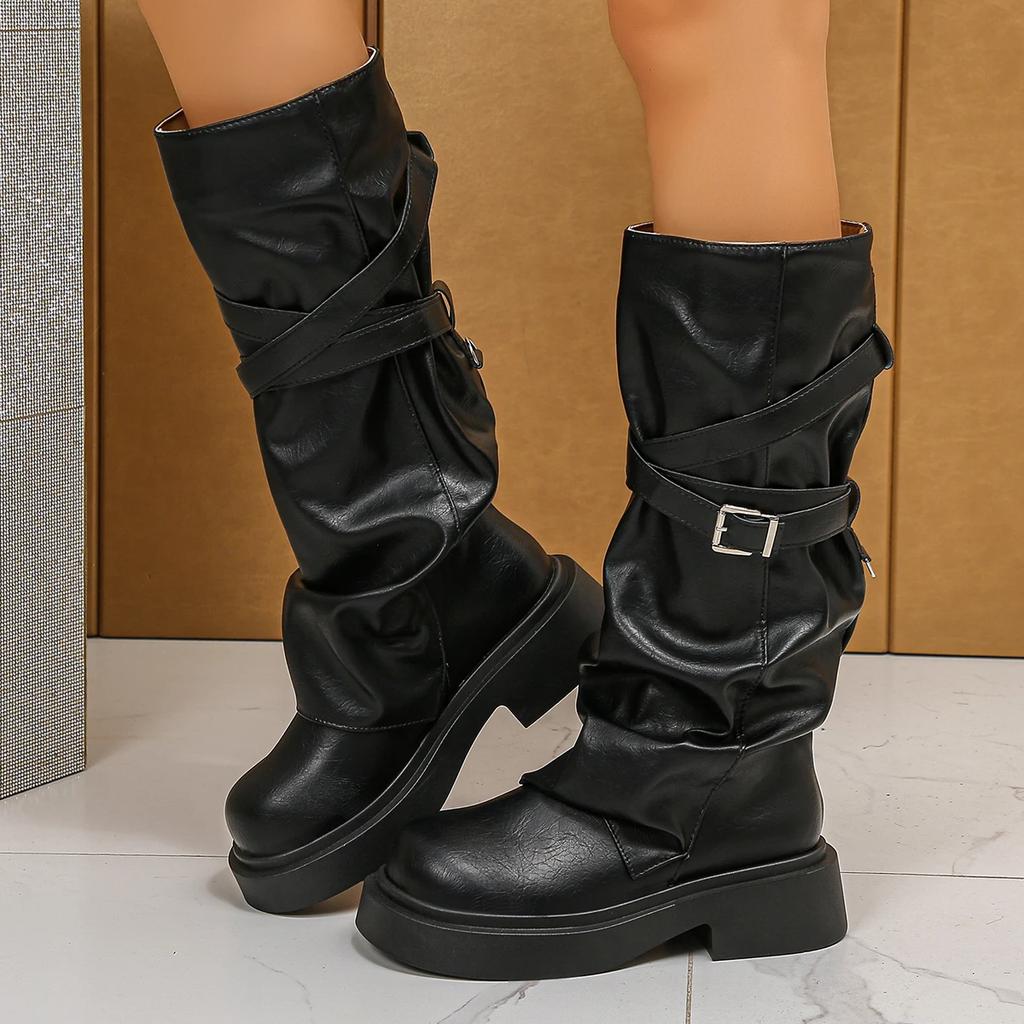Y2K Chunky Platform Black Long Boots Women Winter Belt Buckle Mid Calf Boots Woman Pu Leather Thick Bottom Motorcycle Shoes
