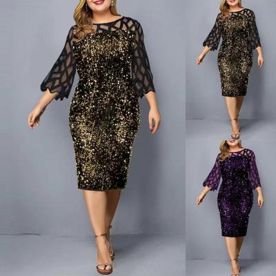 Lady Dress Sequin Mesh Stitching Bodycon Hollow 45720 Sleeve O-neck Midi Dress