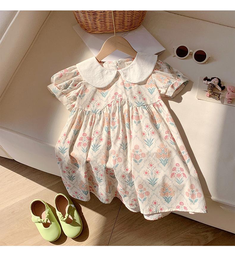 2026 Summer Korean Floral Print Doll Collar Dress for Toddlers and Young Girls - Short Sleeve Baby Dress
