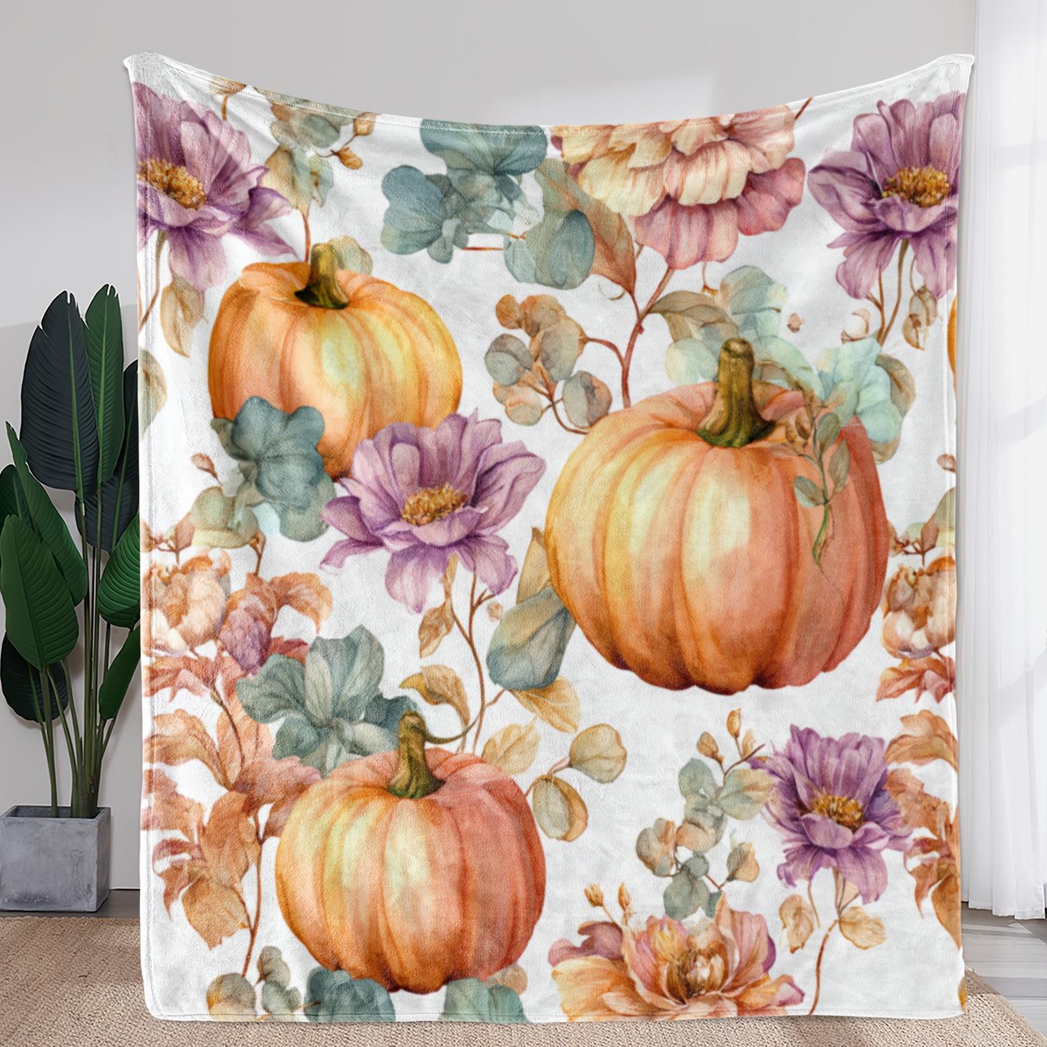 

1pc Vintage Pumpkin Floral Blanket - Soft Orange Pink Purple Green White Flannel Throw for Couch, Bed, Camping, Travel - All-Sea 130x150cm