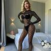 Women Sexy Leopard Hollow Out Mesh Bodystocking Fishnet Lingerie Long Sleeve See Through Bodysuit Jumpsuit Nightwear