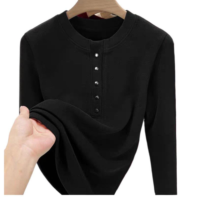 Women's 270g Slimming Long-Sleeve Fleece T-Shirt, Spring/Autumn 2025 Style, Button-Up Round Neck