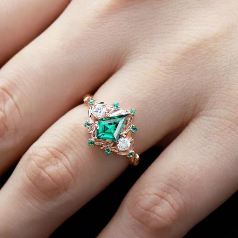 1 Stück Roségold Smaragd Synthetischer Zirkon Ring, Hofstil Mode Ring