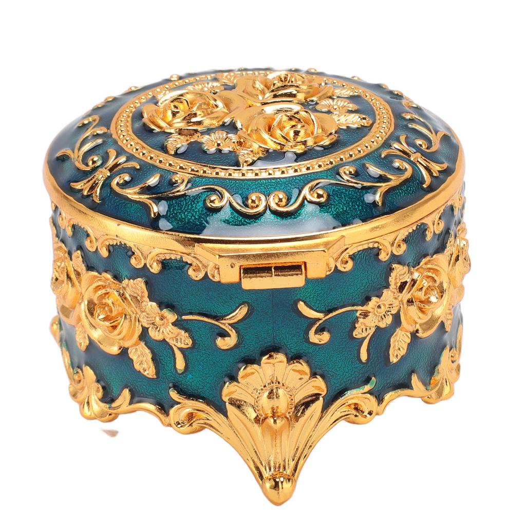 Vintage Jewelry Box Zinc Alloy Round Exquisite Hand Carved Gold Flower Pattern Versatile Storage Case for Ring Earring Necklace