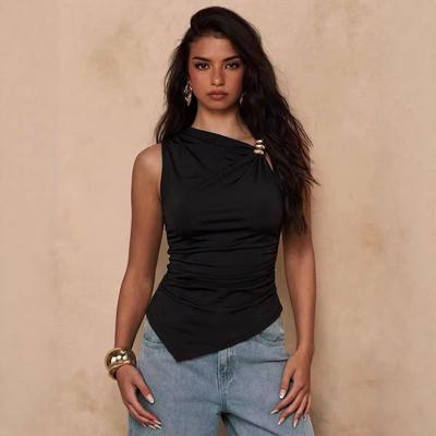 A Solid-color, Irregularly Pleated, Figure-hugging, Sleeveless Vest Top for Women
