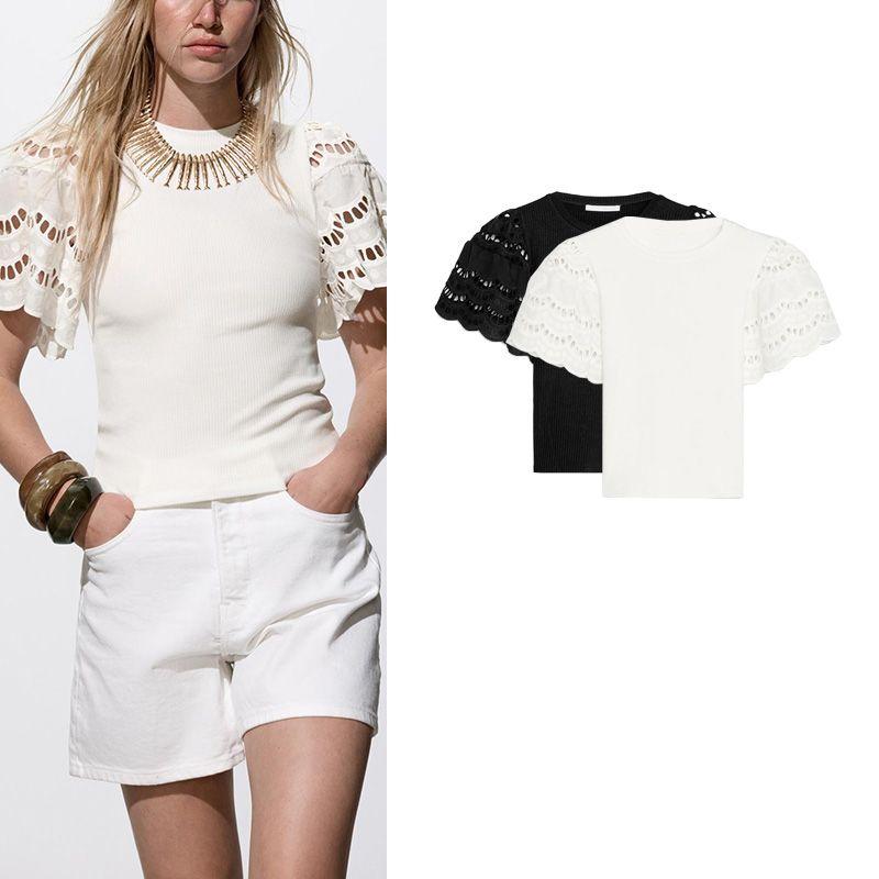 Spring and Summer New Women's Clothing Cotton Silm Straight-leg Cut Out Embroider Sleeves Crew Neck T-shirt Top 1058159