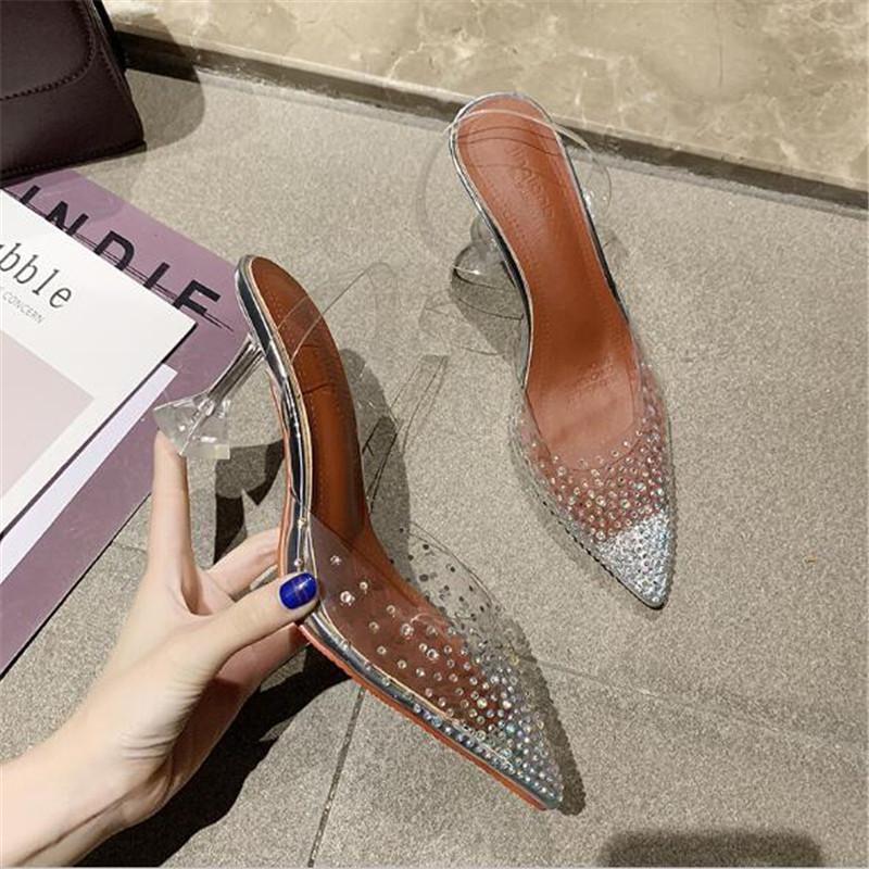 Fashion Fashion Rhinestones Women Pumps Summer Sexy PVC Transparent Back Strap Pointed Toe Perspex Clear Spike Heels Party Shoes
