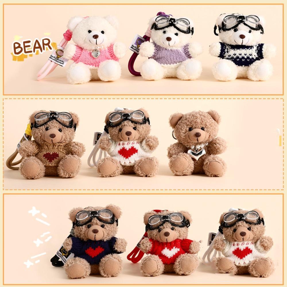 Bell Pilot Bear Keychain Goggles Stuffed Animal Pendant Car Key Chain Plush Bear Key Ring  Daily