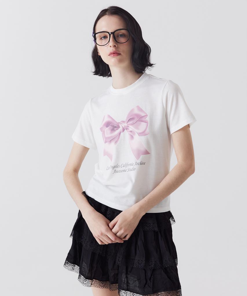 AWESOME STUDIO Ribbon Digital Print Short Sleeve T-Shirt White