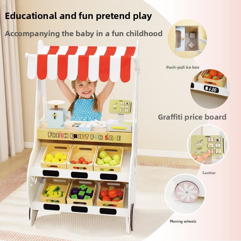 Mobile Fruit Portable Stall Wooden Playset For Toddlers Imaginative Play Role