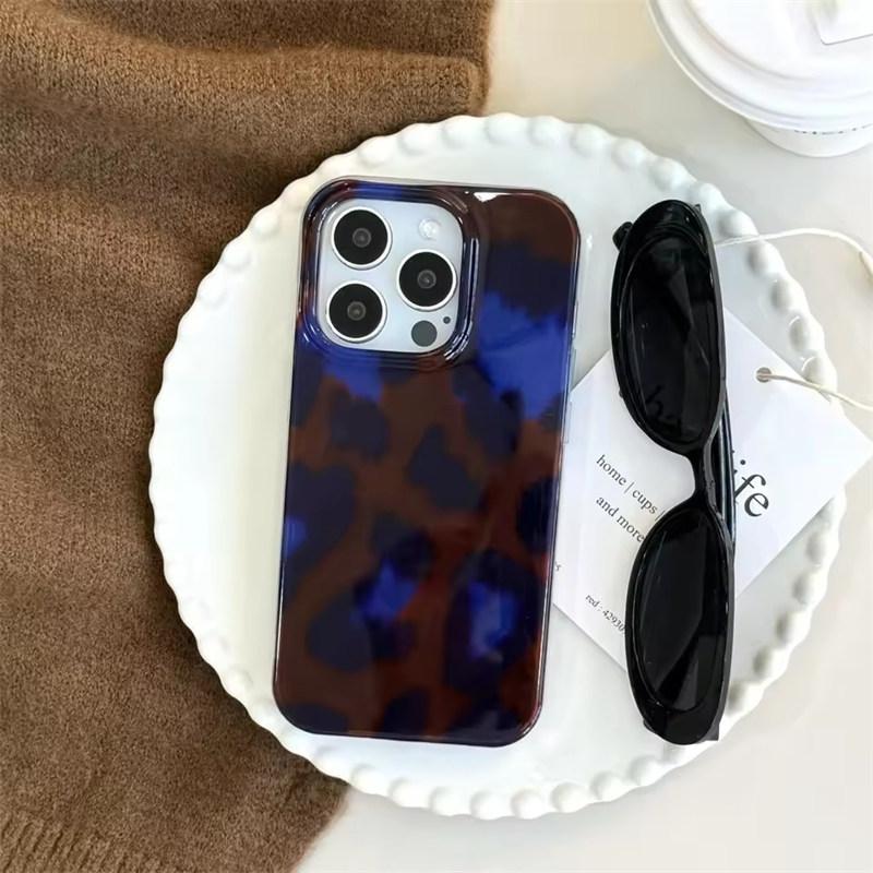 Retro Art Blue Brown Leopard Print Color Mixing Cover Case for iPhone 13 14 15 16 Pro Max Glossy Glacial Streak Phone Case