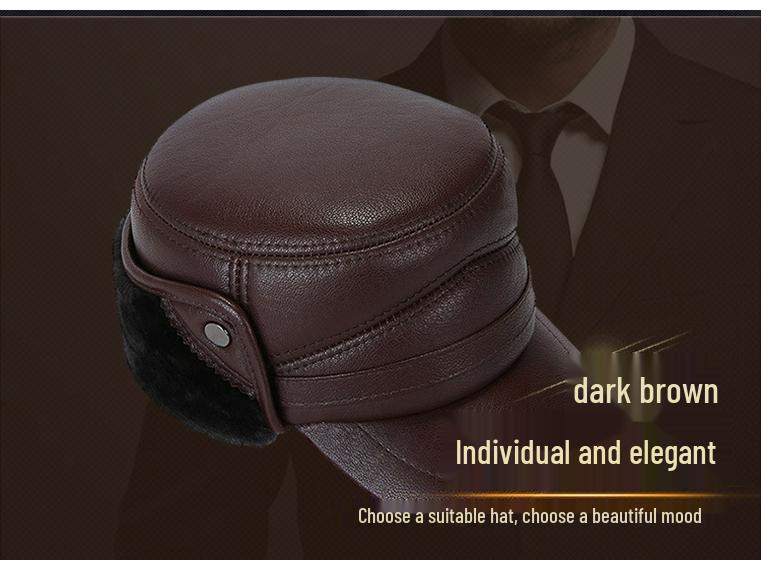 Men's Winter Cowhide Sheepskin Leather Hat - Thick, Warm Lei Feng Style for Middle-aged & Elderly