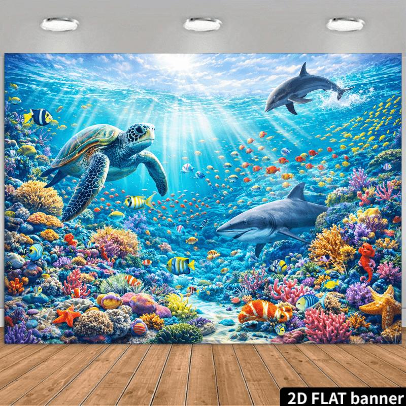 Dreamy Underwater World Party Background Fabric smiling turtles pink dolphins and blue dolphins are swimming around. 100x150cm