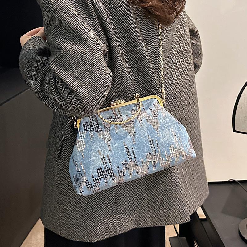 Textured Bag Women's Portable Autumn and Winter Clip Shell Bag Fashionable and Simple Splicing Sequined Chain Bag