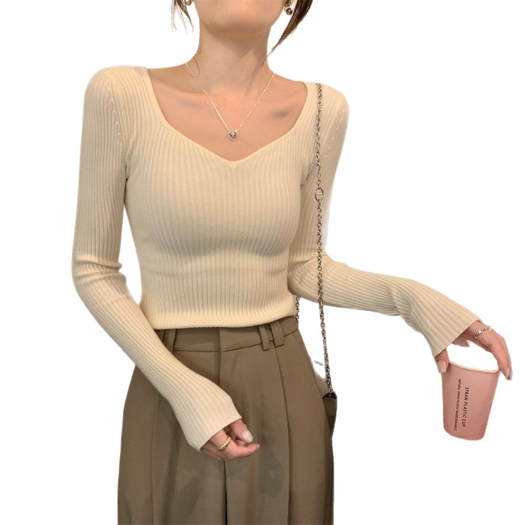 Core-spun Yarn V-neck Peach-neck Sweater Women's Spring, Autumn and Winter Solid Color Shirt Slim-fitting Long-sleeved Inner Chic