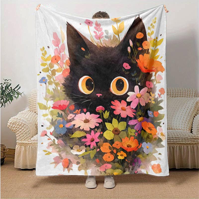 1pc Flower Black Cat Blanket  Seasonal Universal Home Decorative for Room, Gift Idea, Living Room, Travel, Camping, Car Blankets
