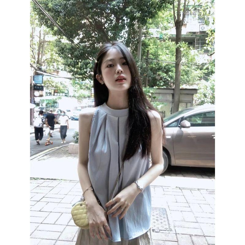 

Французский Сладкий Верх Без рукавов Жилет Женский 2024 Лето Шикарный Нишевый Стиль Рубашка Голубой Холтер Тонкие Бретельки Топы Тренд Blue L