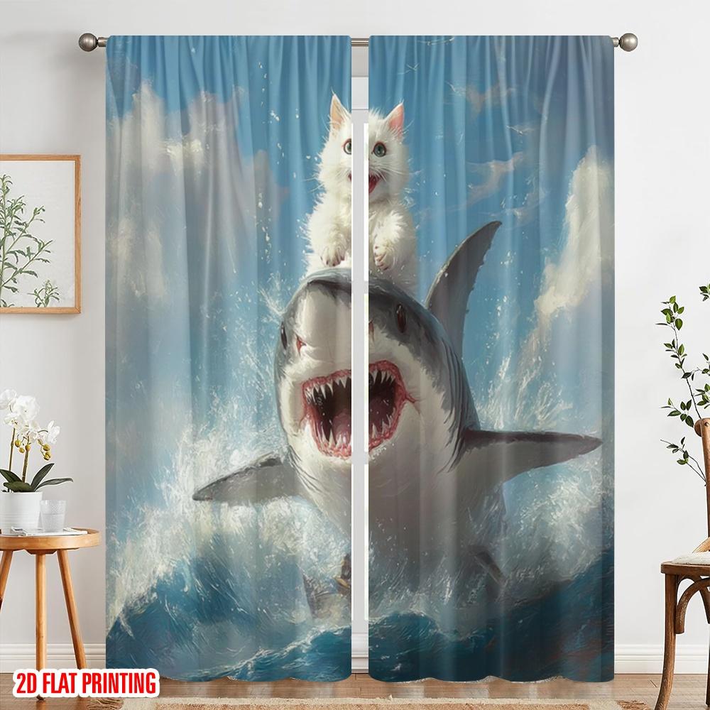 2 Stück, 2D-Flachdruck Kreative Vorhänge SharkRiderCat Strapazierfähiges Polyester (ohne Stange) Dekorationen für Zuhause für verschiedene Räume,