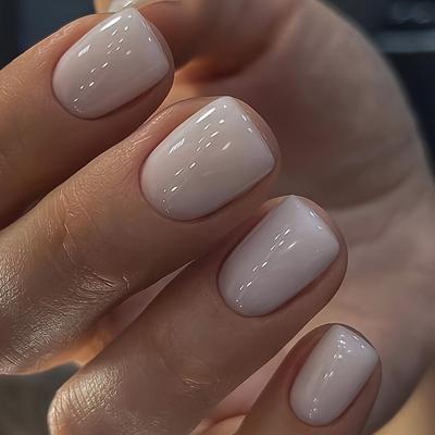 24pcs Short Square Solid Color False Nails, Grey And White Style False Nails Glossy Press On Nails, With 1pc Nail File And 1pc Jelly Gel