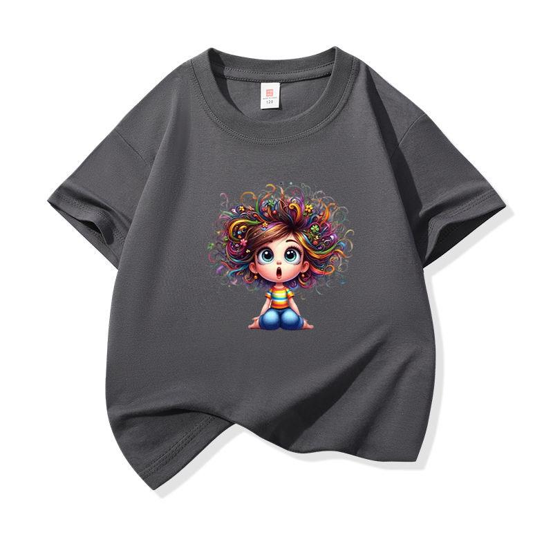 Kids Cotton T Shirt Sitting Girl With Colorful Hair Print Crew Neck Short Sleeve Tee Casual Boys Girls Summer Tops