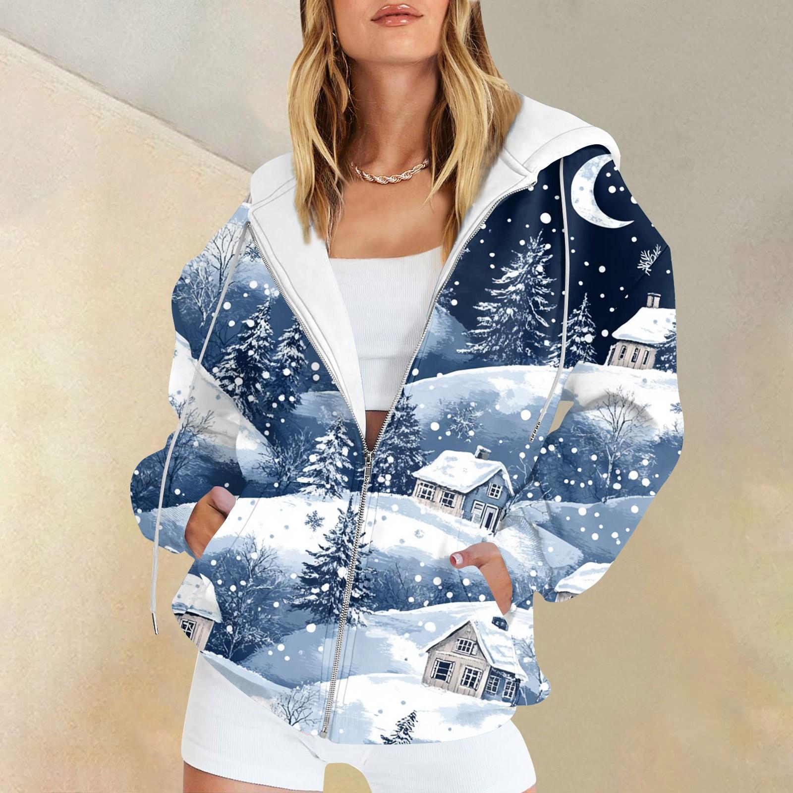 

Женская рождественская печатная толстовка, зимняя куртка-кардиган с длинными рукавами и карманами, на молнии, толстовка с капюшоном, верхняя одежда S винный