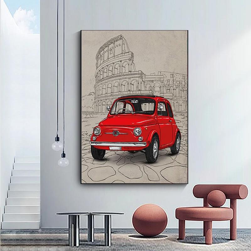 Italienischer Stil Berühmtes Gebäude Hintergrund Fiat 500 Rot Gelb Vespa Poster Druck Wandkunst Bild Leinwandmalerei Zimmer Heimdekor