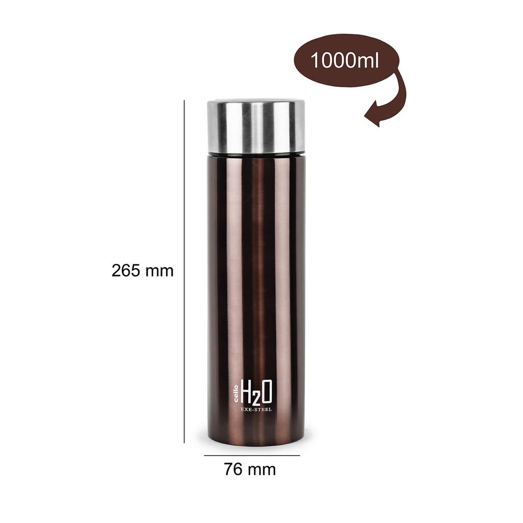 Cello Stainless Steel Leakproof Water Bottle 1000ml Brown For Gym Travel Office