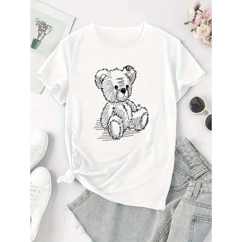European sizes Women's Linear Bear & Line Drawing Print T-Shirt - Short Sleeve Round Neck Summer Top with Line Bear Pattern, Casual - Blouse for Women