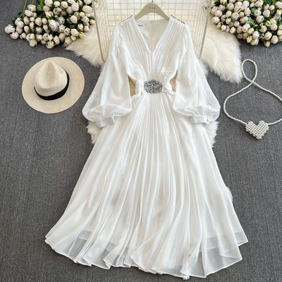 Women Beach Vacation Party Long Dress Spring Lantern Sleeves V-neck High Waist Slim A-line Chiffon Pleat White Robe Vestidos