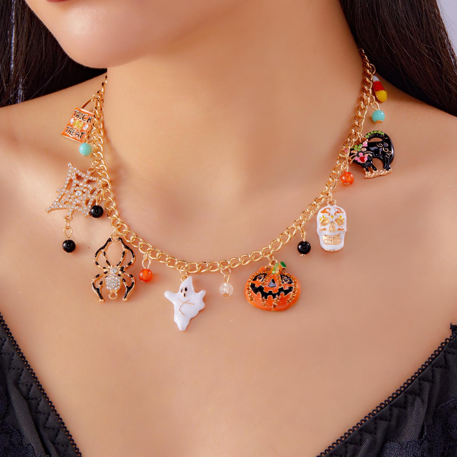 

European and American Personalized Creative Pumpkin Spider Pendant Necklace, Bracelet, Women s Fashionable Halloween Zircon Set