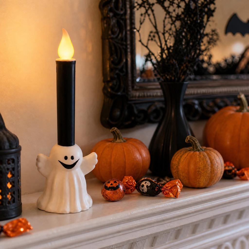 Resin Ghost Candle Holder with LED Candle for Halloween Tabletop Decoration Holiday Party Ornament Prop