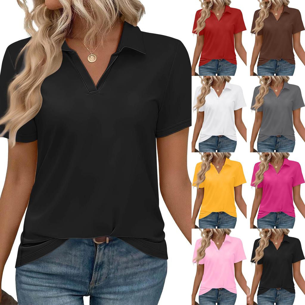 Women’s Short Sleeve Polo Collar V Neck Casual Loose Fit Basic T Shirt Soft Lightweight Top for Daily Wear Work School